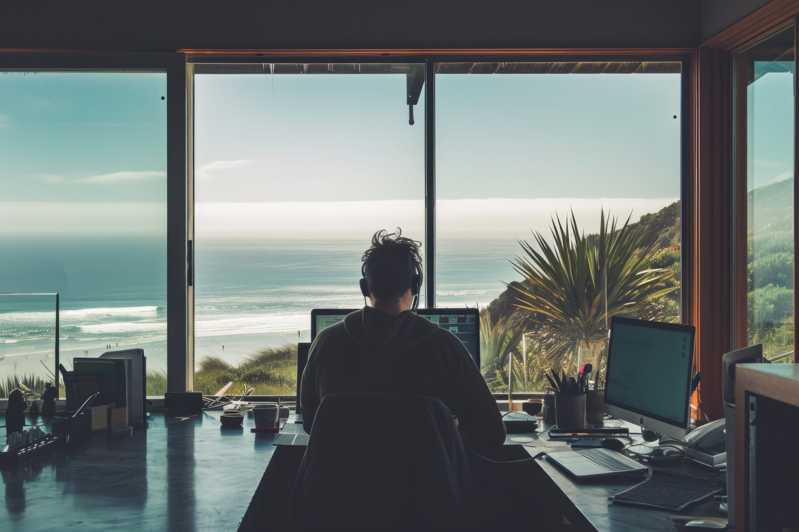 Person working at a desk with a beach view, embodying a digital nomad lifestyle.